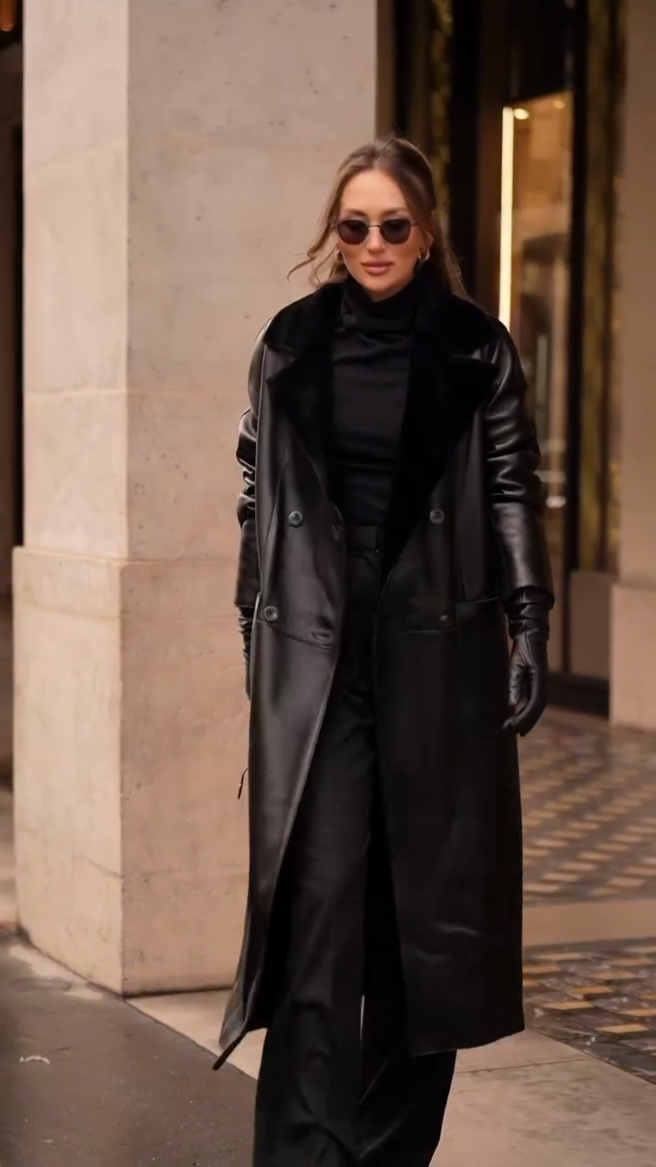 Wool collar leather trench coat