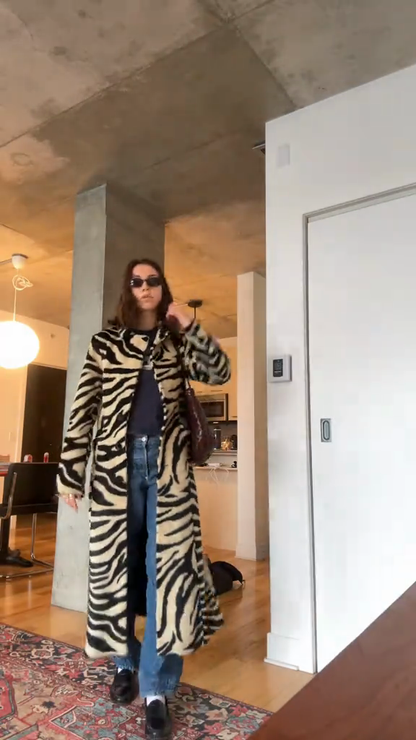 Zebra Print Faux Fur Longline Coat