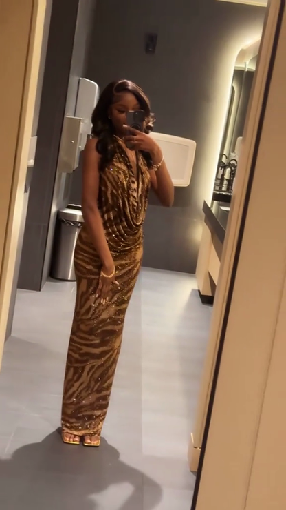 Zebra Print Sequin Halter Gown