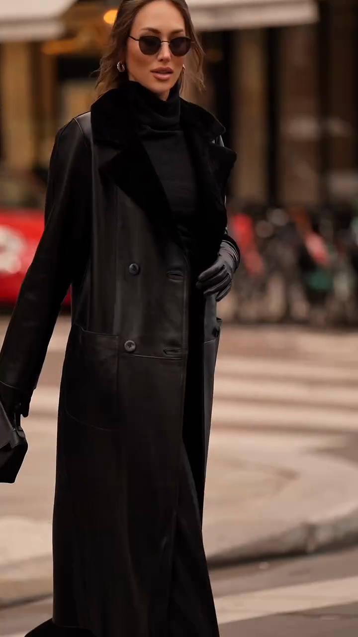 Wool collar leather trench coat