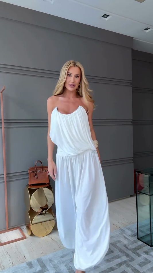 White strapless ruffled suit