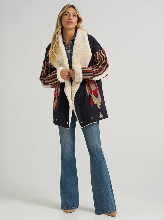 Aztec printed wool-trimmed coat
