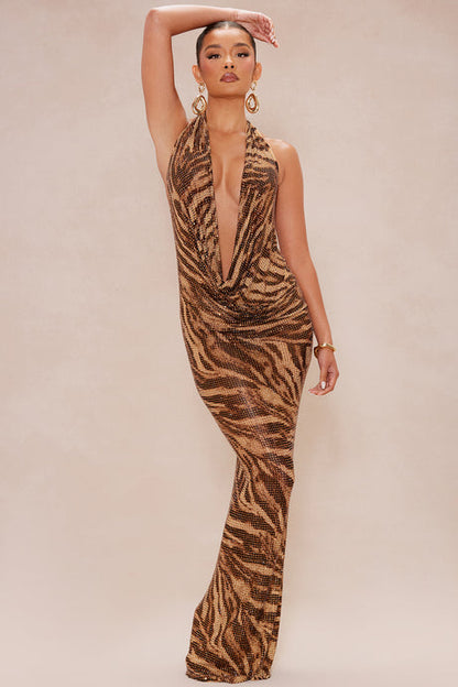 Zebra Print Sequin Halter Gown