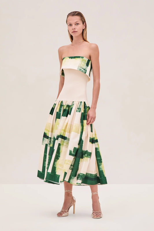 Beige and green printed strapless midi dress