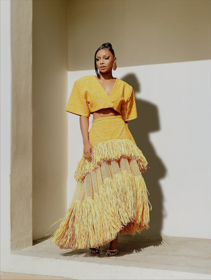 Yellow plaid tassel two-piece long skirt suit