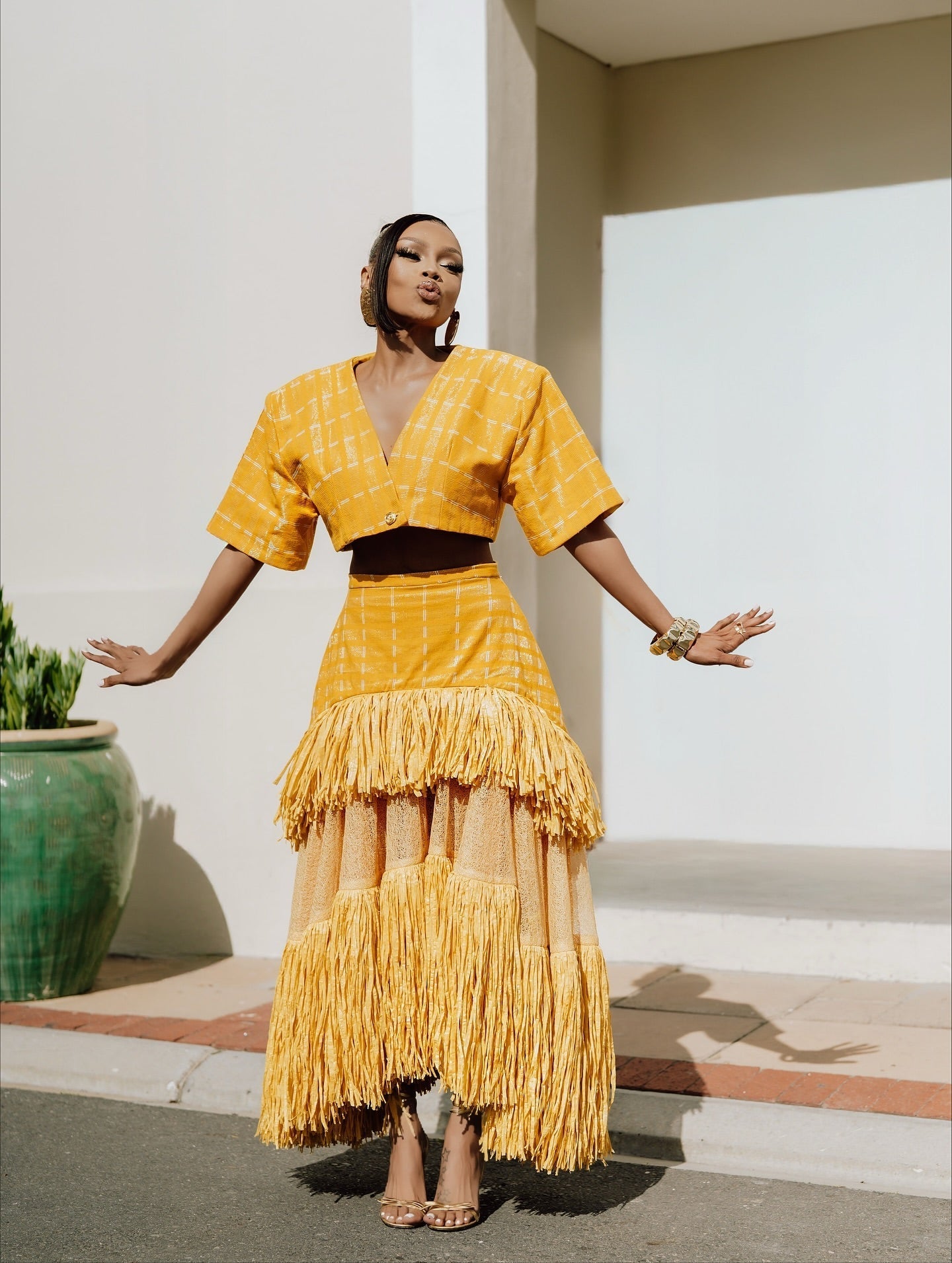 Yellow plaid tassel two-piece long skirt suit