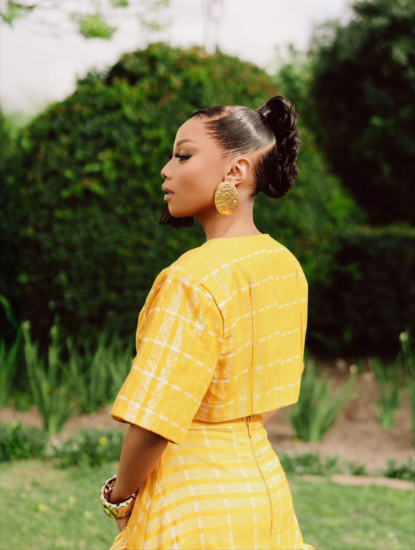 Yellow plaid tassel two-piece long skirt suit