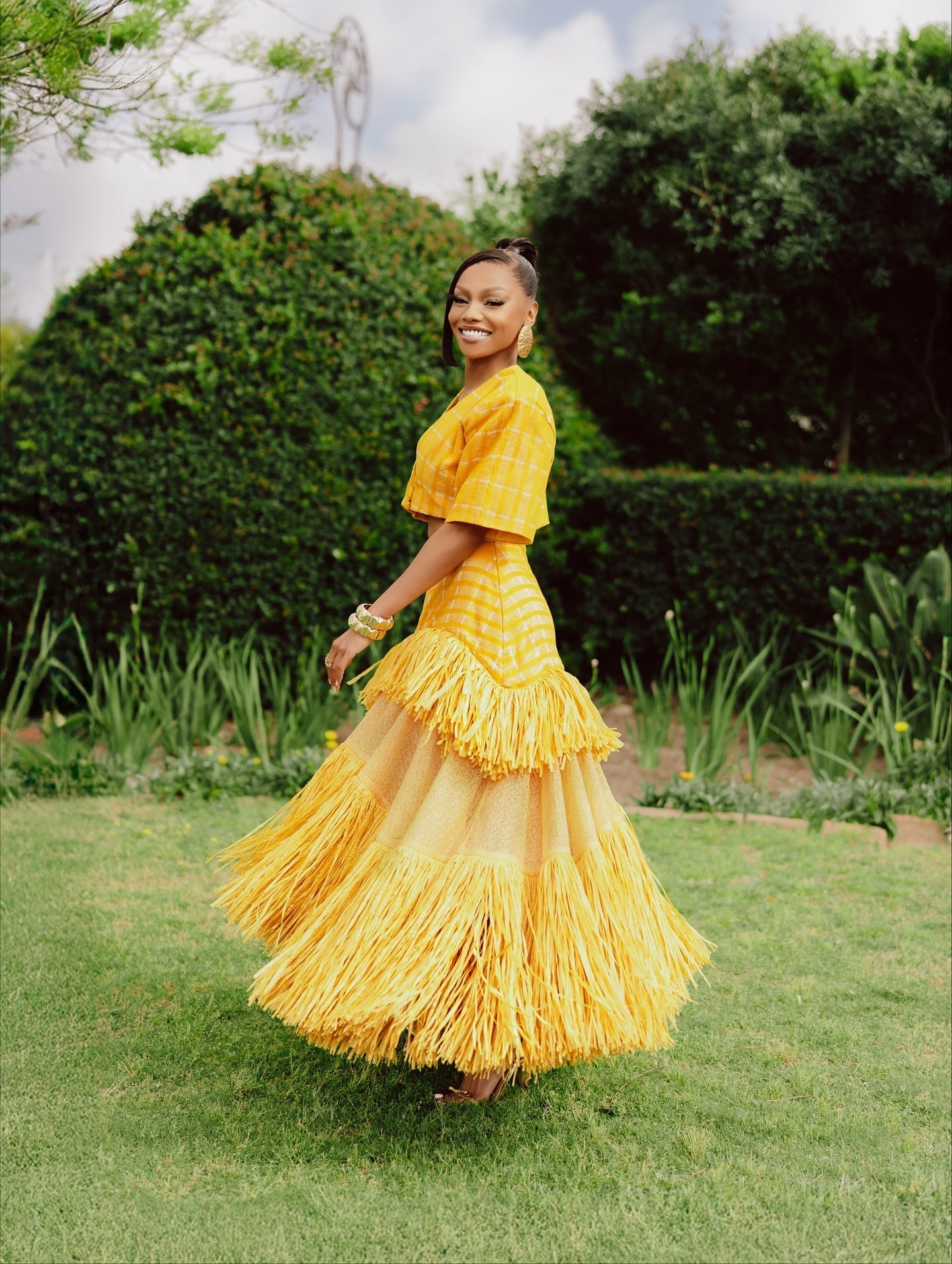 Yellow plaid tassel two-piece long skirt suit