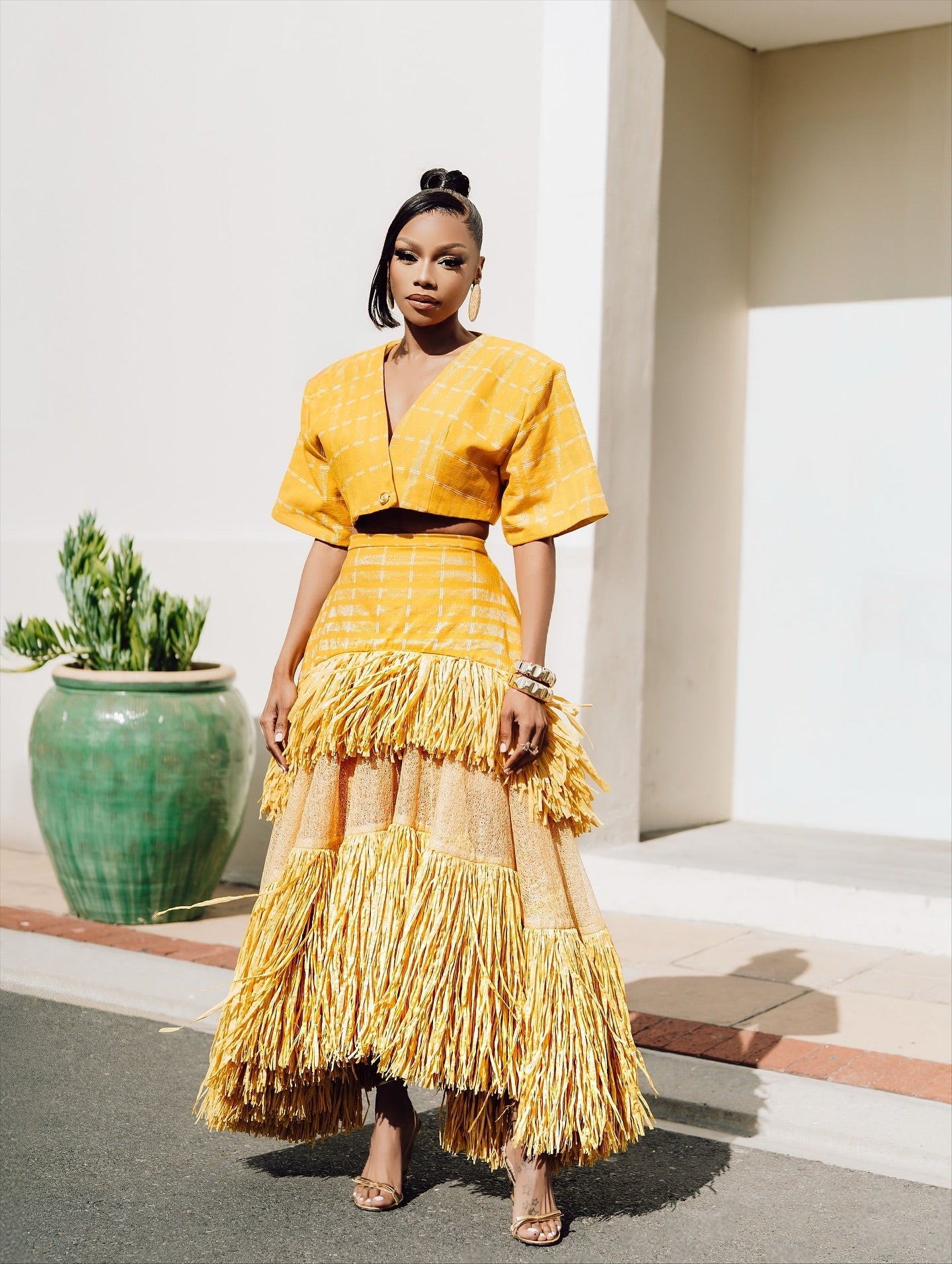 Yellow plaid tassel two-piece long skirt suit