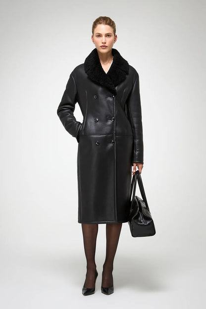 Wool collar leather trench coat