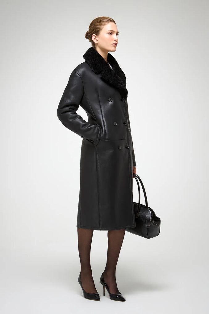 Wool collar leather trench coat