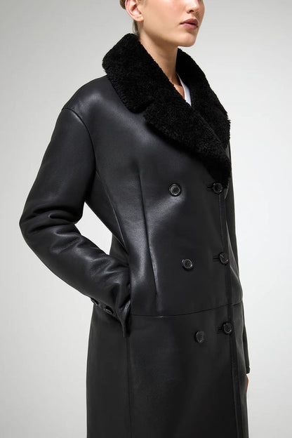 Wool collar leather trench coat