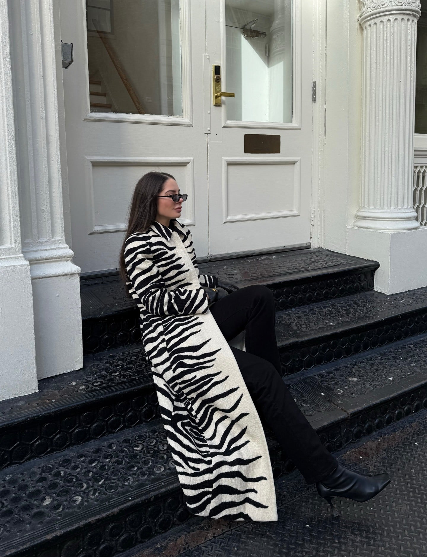 Black and white zebra print long coat