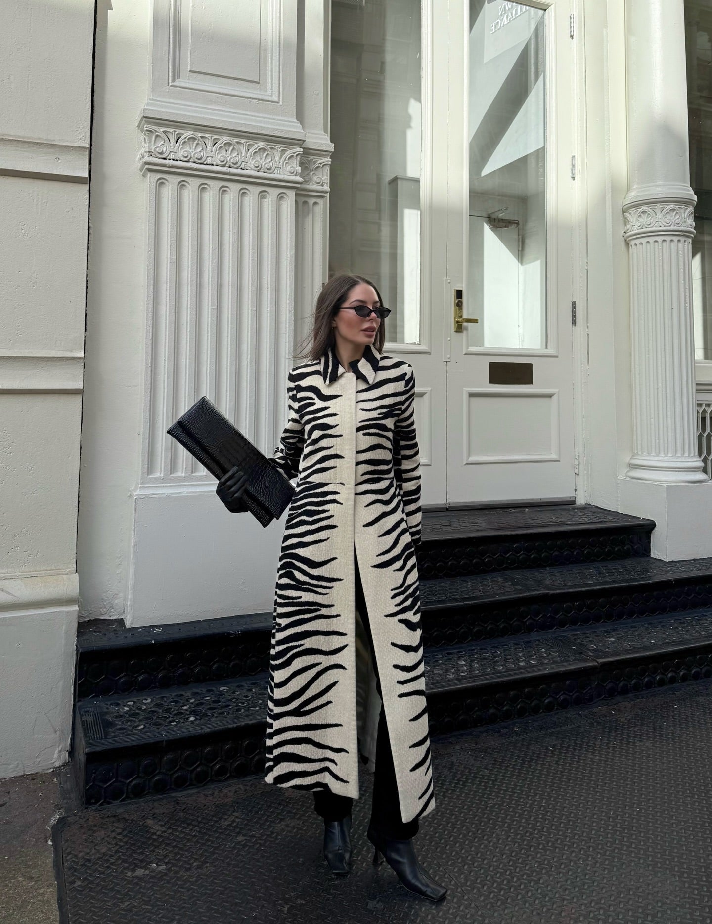 Black and white zebra print long coat
