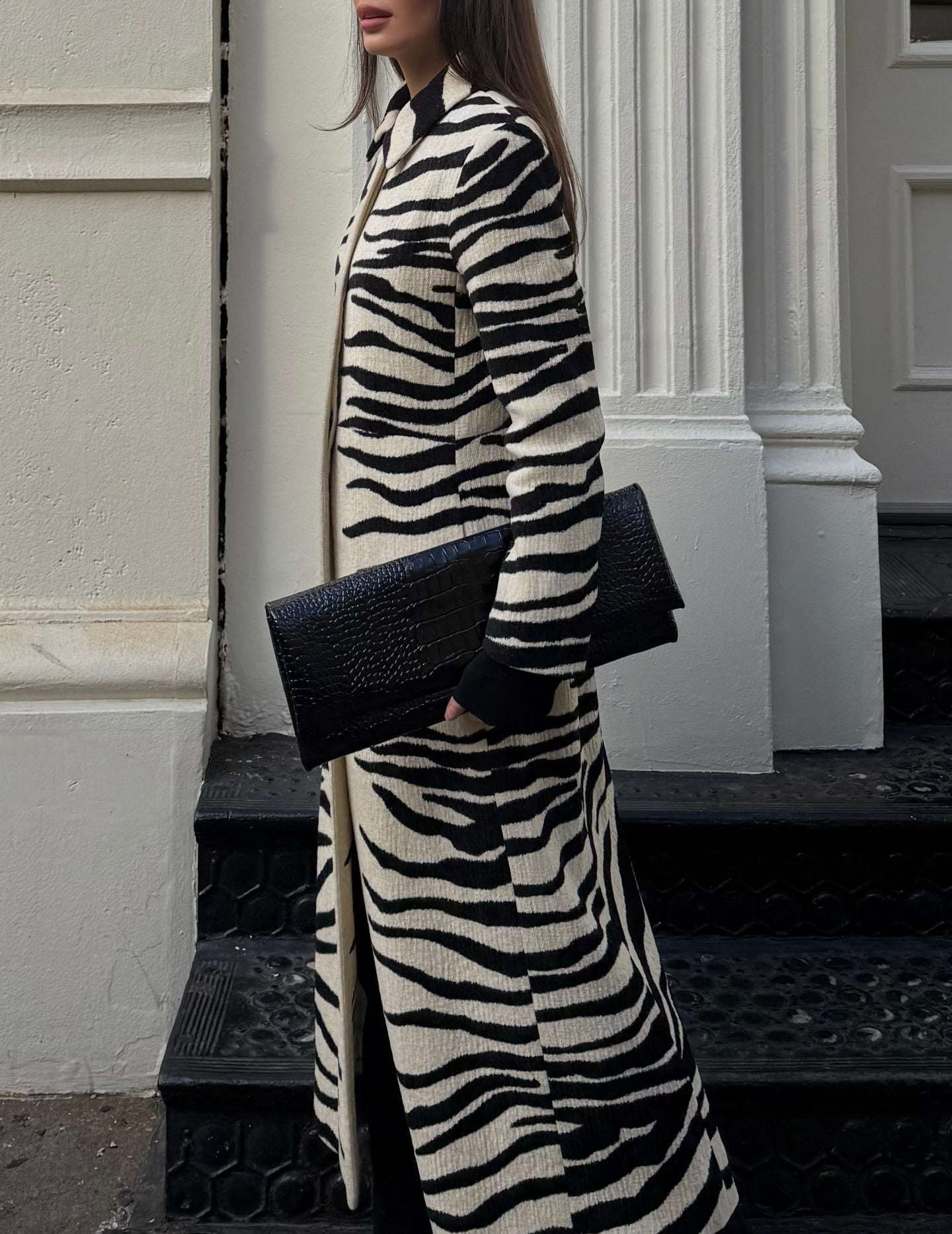 Black and white zebra print long coat
