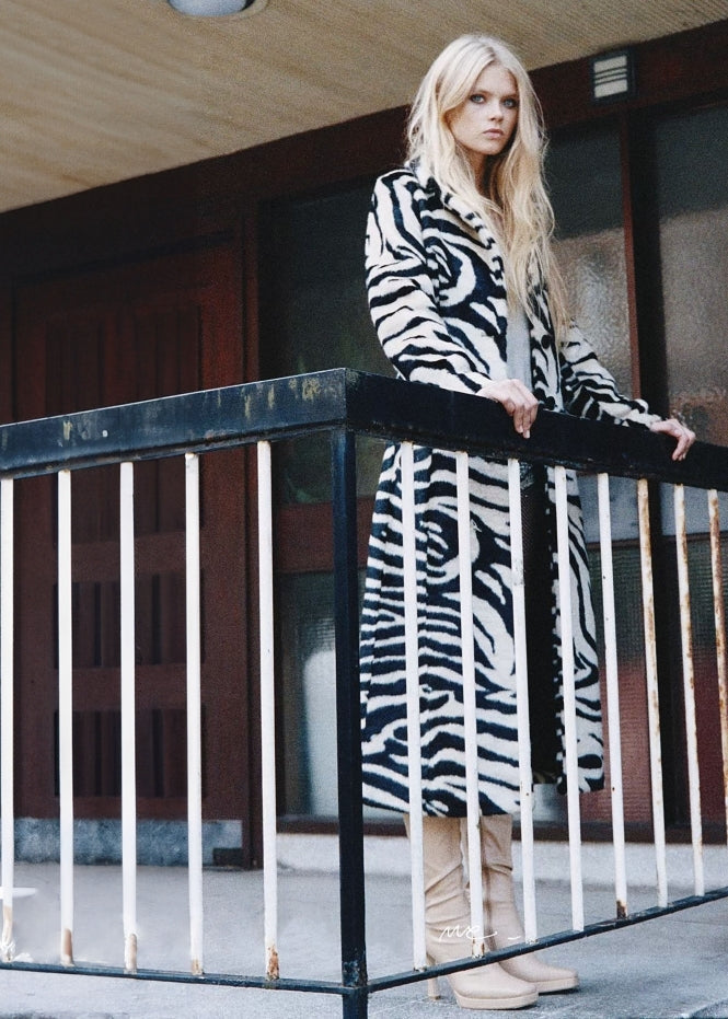 Zebra Print Faux Fur Longline Coat