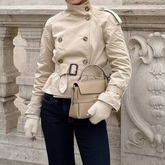 Beige double-breasted short trench coat