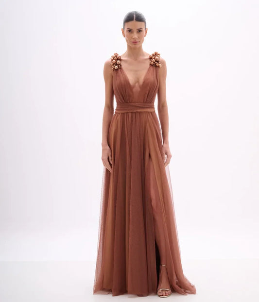 3D Pearl Copper Tulle Gown