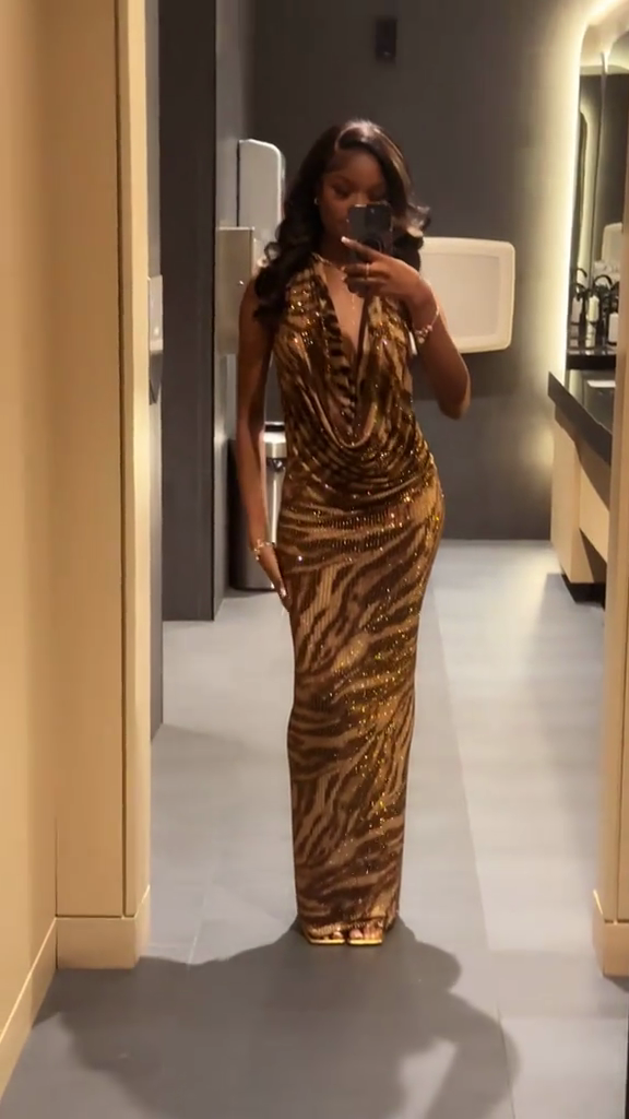 Zebra Print Sequin Halter Gown