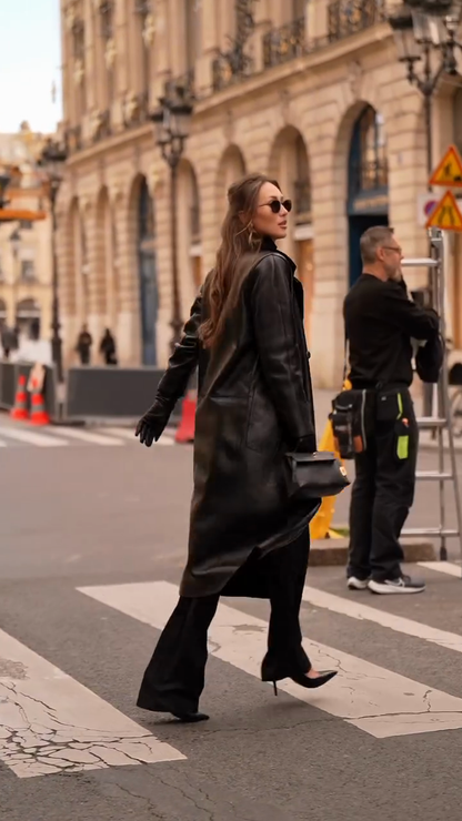 Wool collar leather trench coat