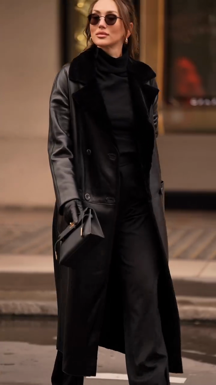 Wool collar leather trench coat